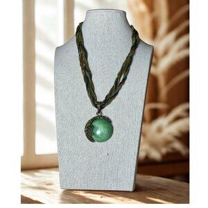 Vintage Turquoise Green & Gold Pendant Necklace Artisian Crafted 18 Inches